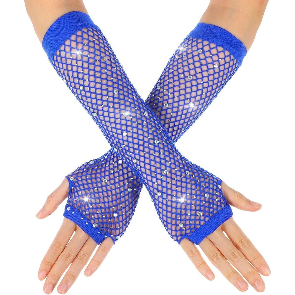 Women's Royal Blue Punk Fish Net Arm Sleeve Rhinestone Gloves Costume Halloween